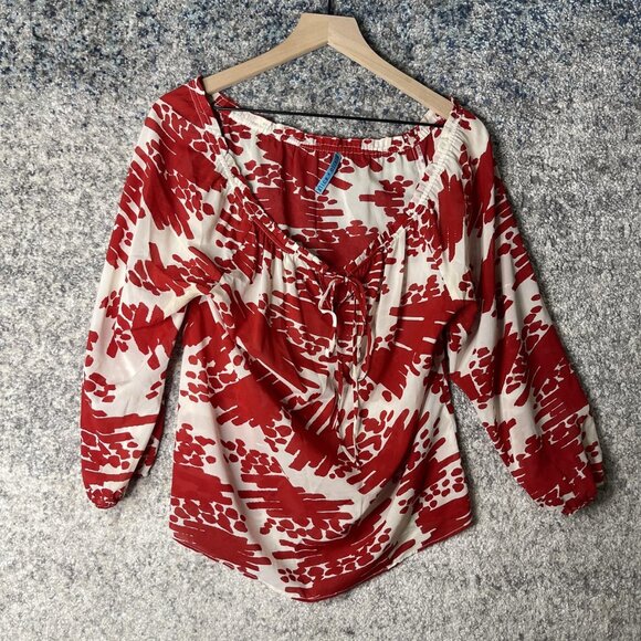 Alice + Olivia Blouse Womens Medium Red White Silk Peasant Top Boho Long Sleeve - Picture 1 of 6